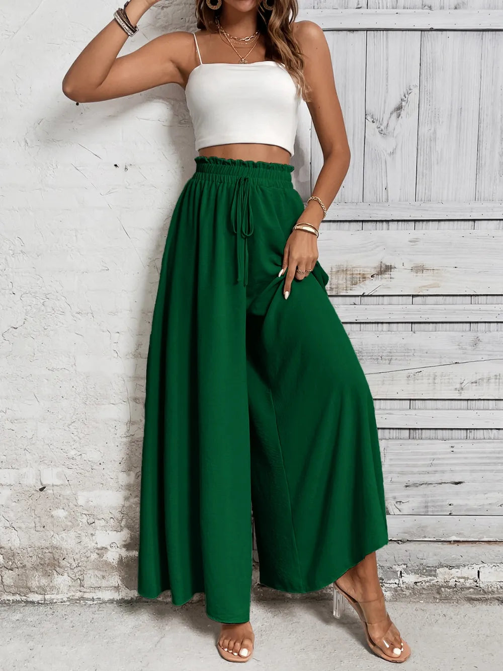 Tied High Waist Wide Leg Pants - Dark Green