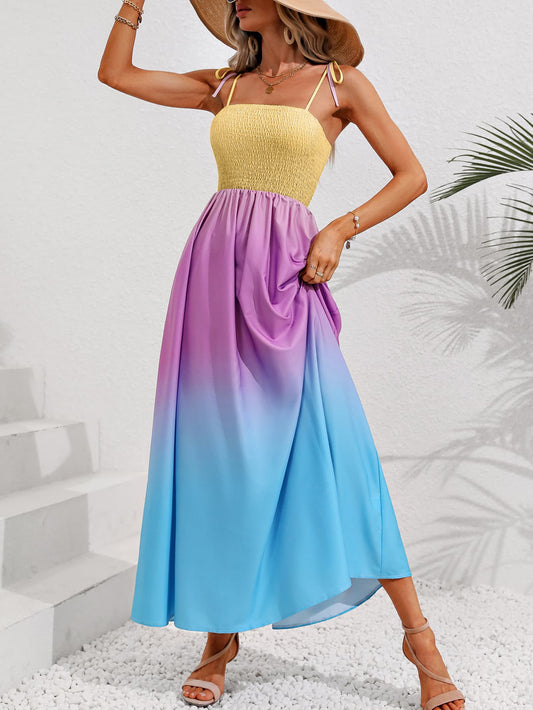 Color Block Tie Shoulder Smocked Maxi Dress | AdoreStarr