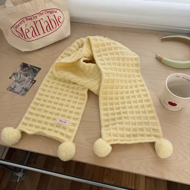 Waffle Knit Pom-Pom Scarf - Creamy Yellow One Size
