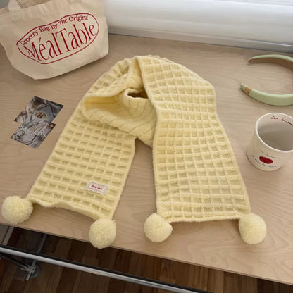 Waffle Knit Pom-Pom Scarf - Creamy Yellow One Size