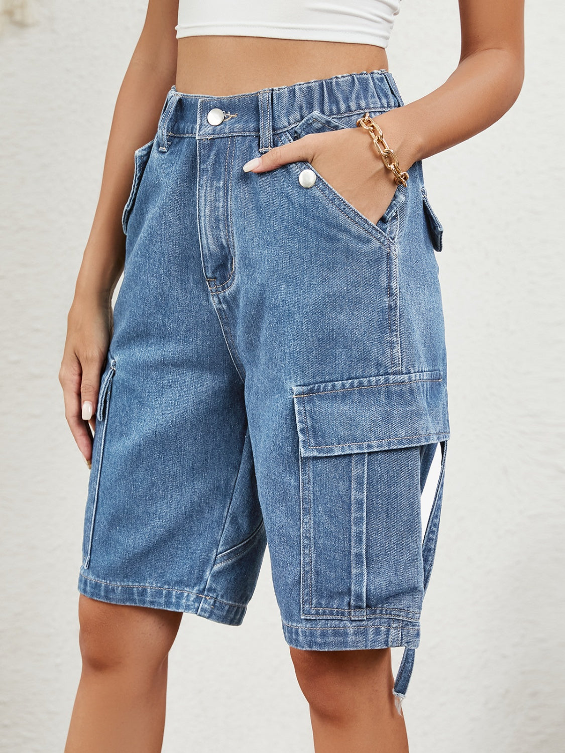 High Waist Denim Shorts with Pockets - Medium