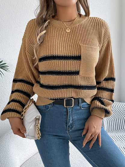 Striped Round Neck Long Sleeve Sweater - Caramel