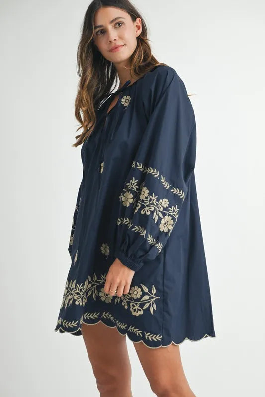Embroidered Long Sleeve Peasant Mini Dress -