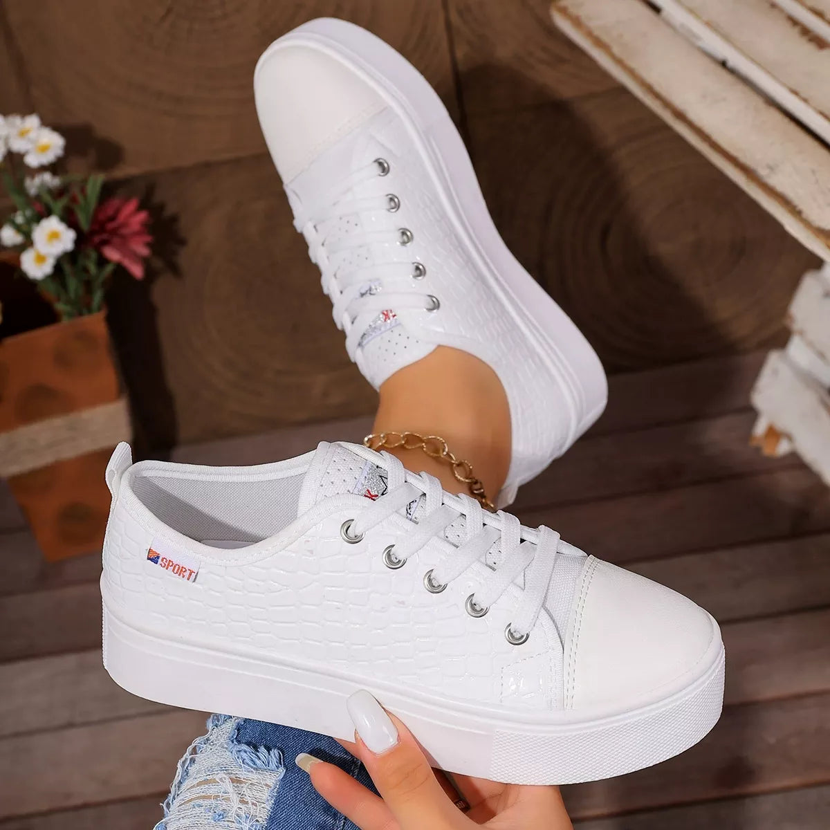 Round Toe Platform Sneakers - White