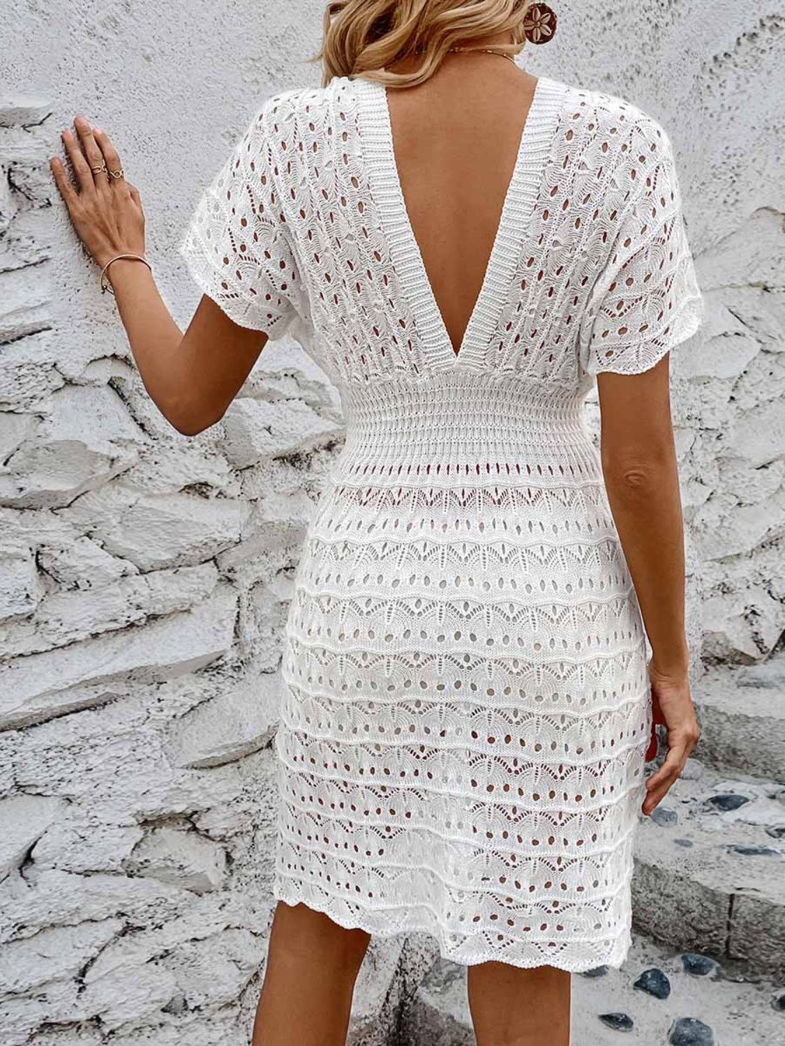 Openwork Plunge Short Sleeve Cover-Up Dress | AdoreStarr