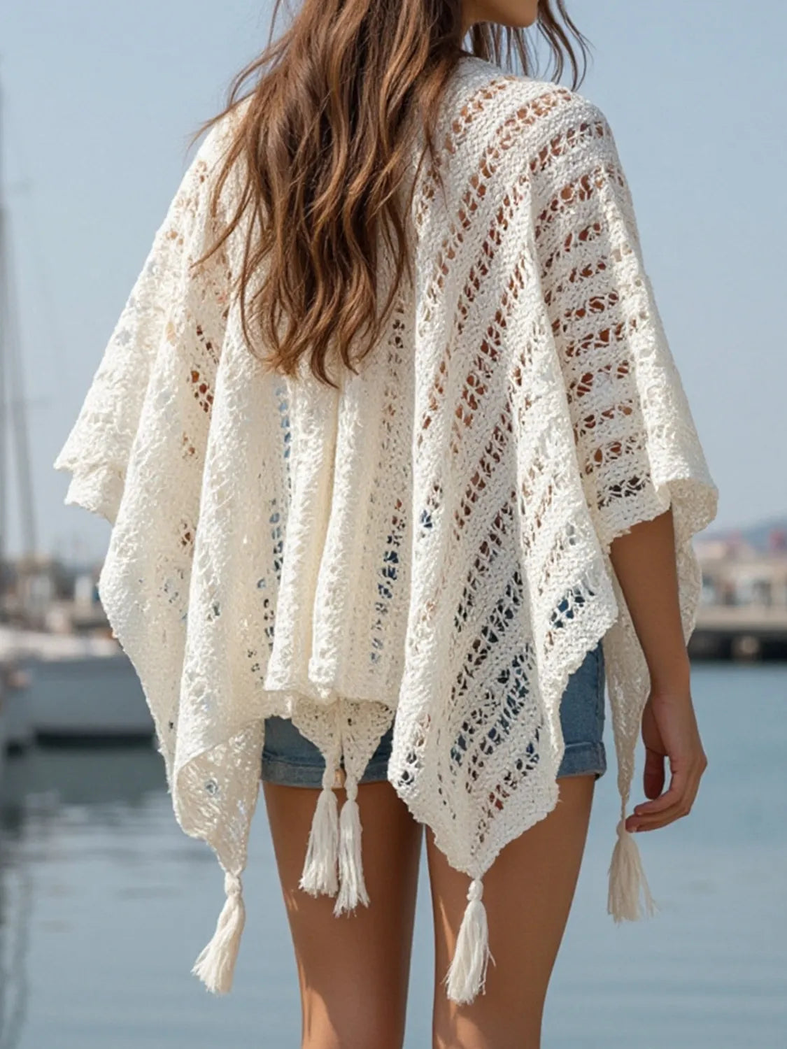 Openwork Tassel Open Front Knit Cover-Up - Cream One Size