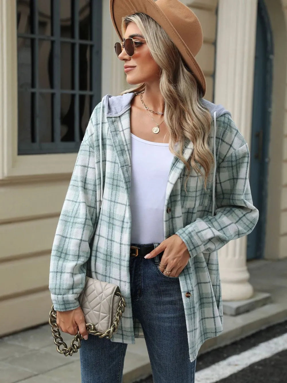 Drawstring Plaid Button Up Hooded Jacket -