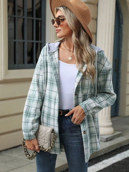 Drawstring Plaid Button Up Hooded Jacket -
