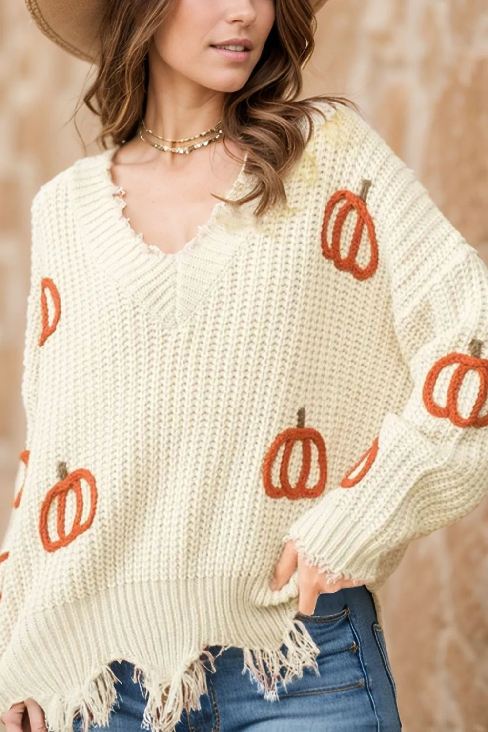 Raw Hem Pumpkin V-Neck Long Sleeve Sweater - Beige