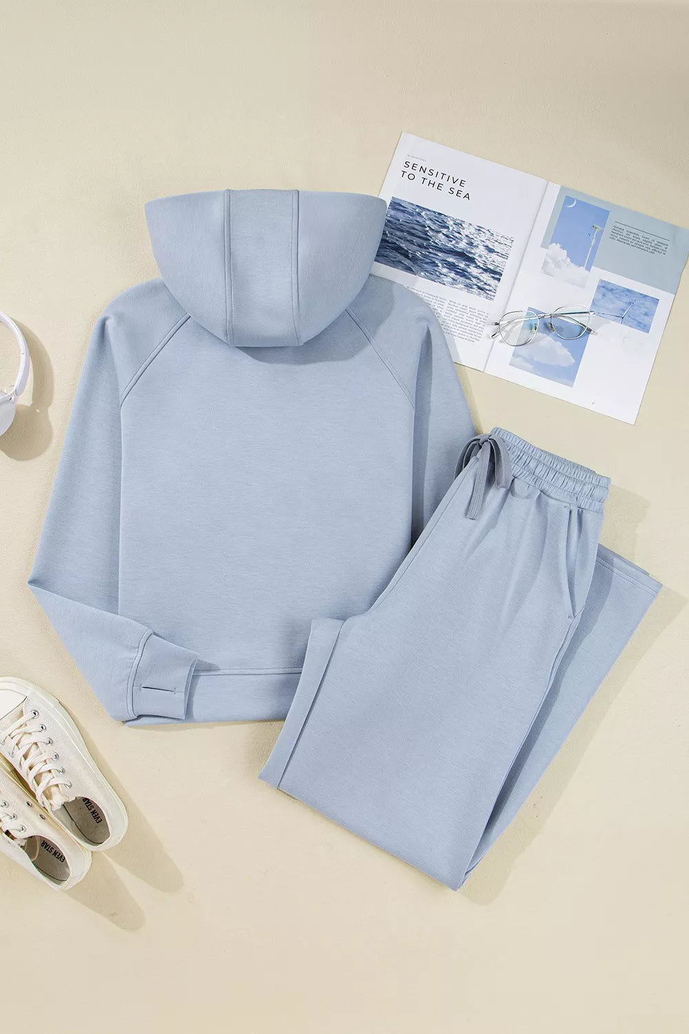 Half Zip Thumbhole Sleeve Hoodie and Pants Set -