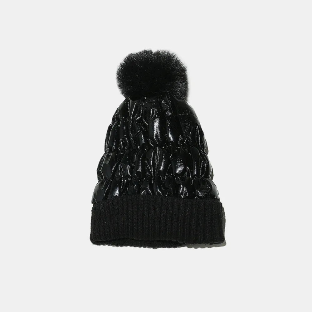 Thermal Knit Hat with Pompom - Black One Size