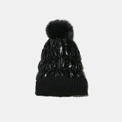 Thermal Knit Hat with Pompom - Black One Size