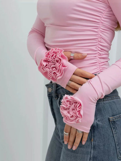 Flower Round Neck Long Sleeve T-Shirt - Blush Pink