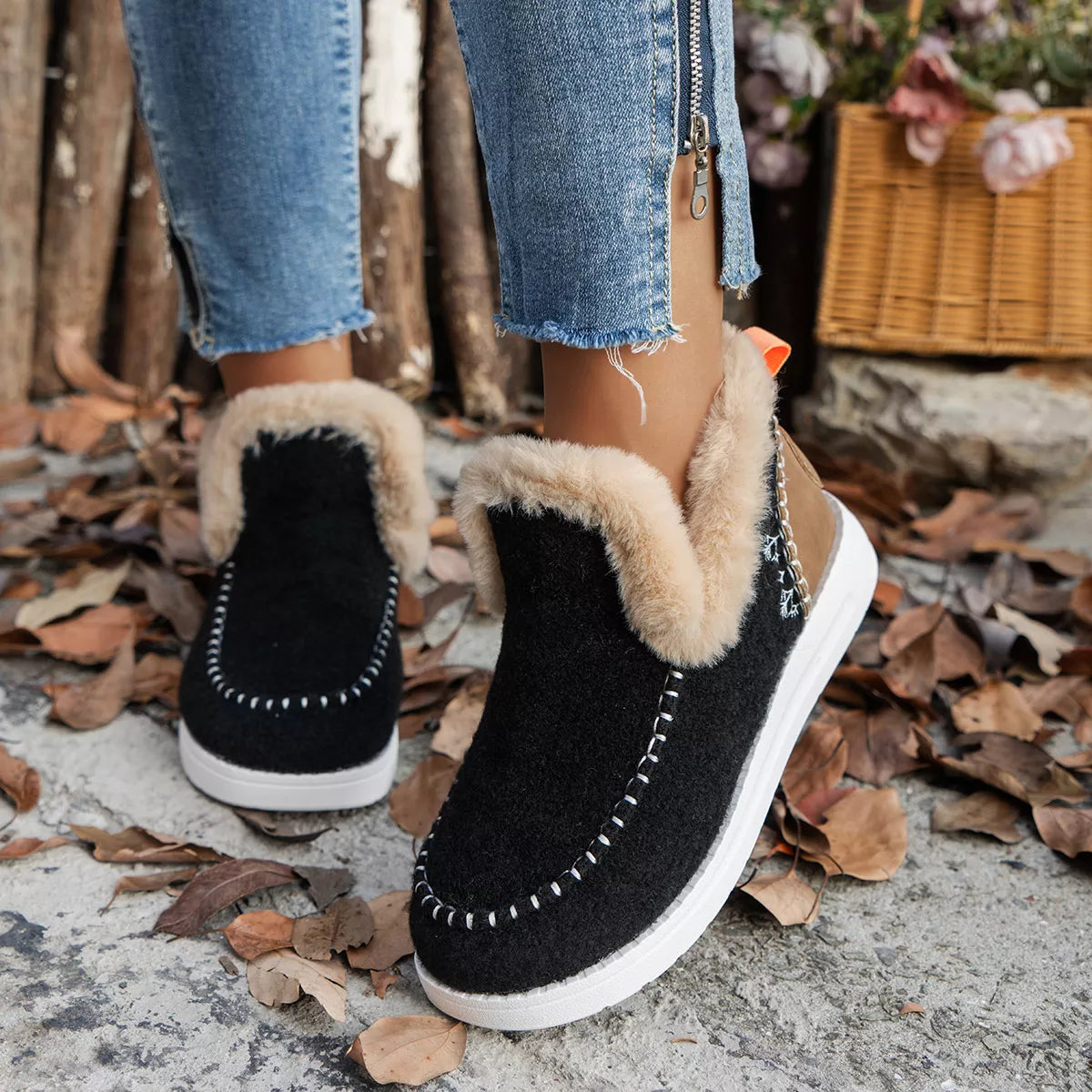 Cozy Fur-Trimmed Slip-Ons - Black