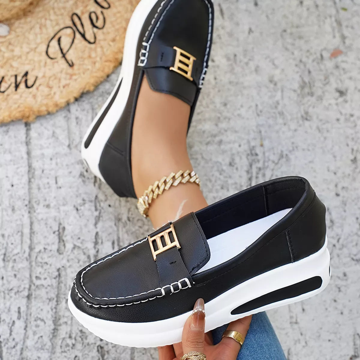 Metal Buckle Round Toe Slip-Ons -
