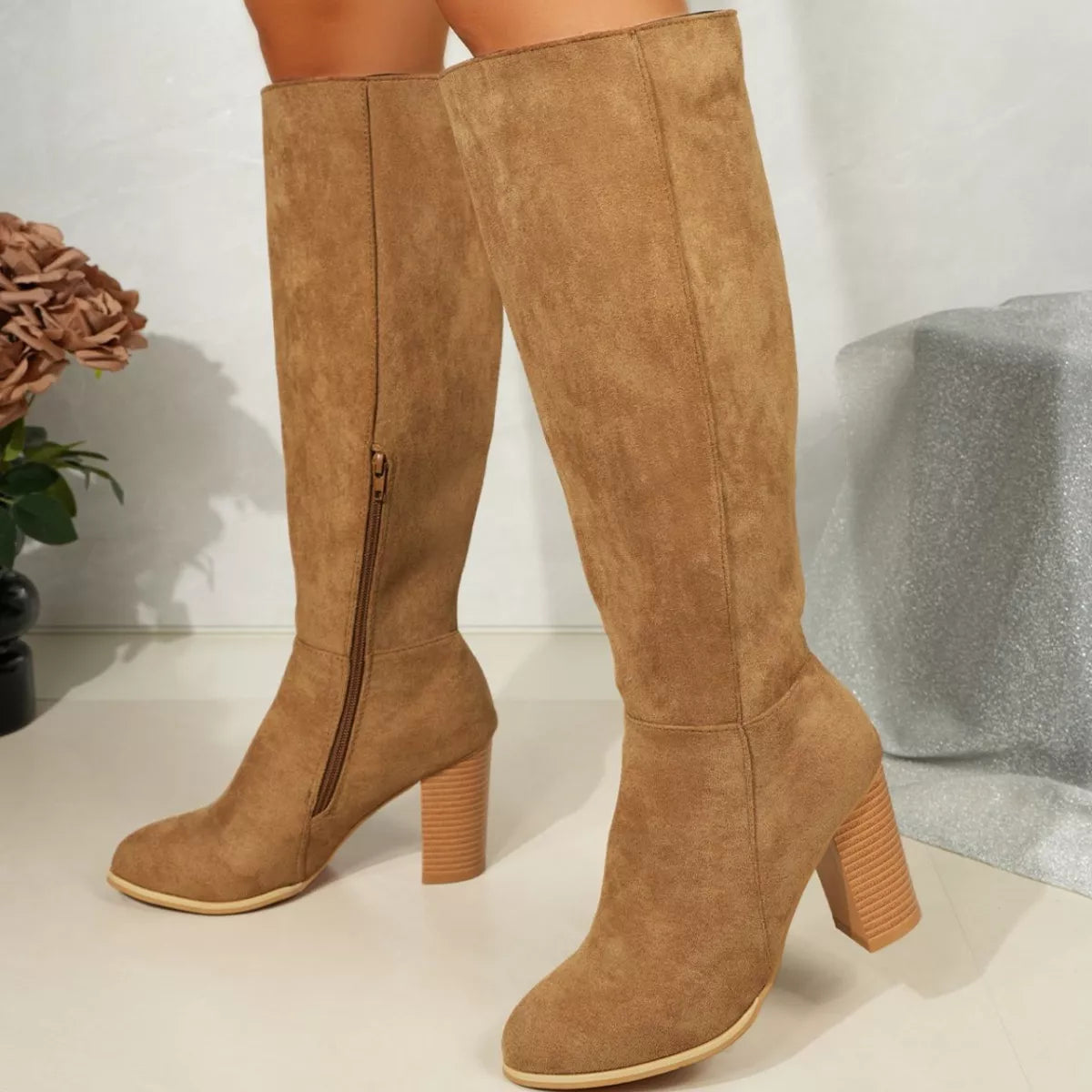Point Toe Block Heels Boots - Khaki
