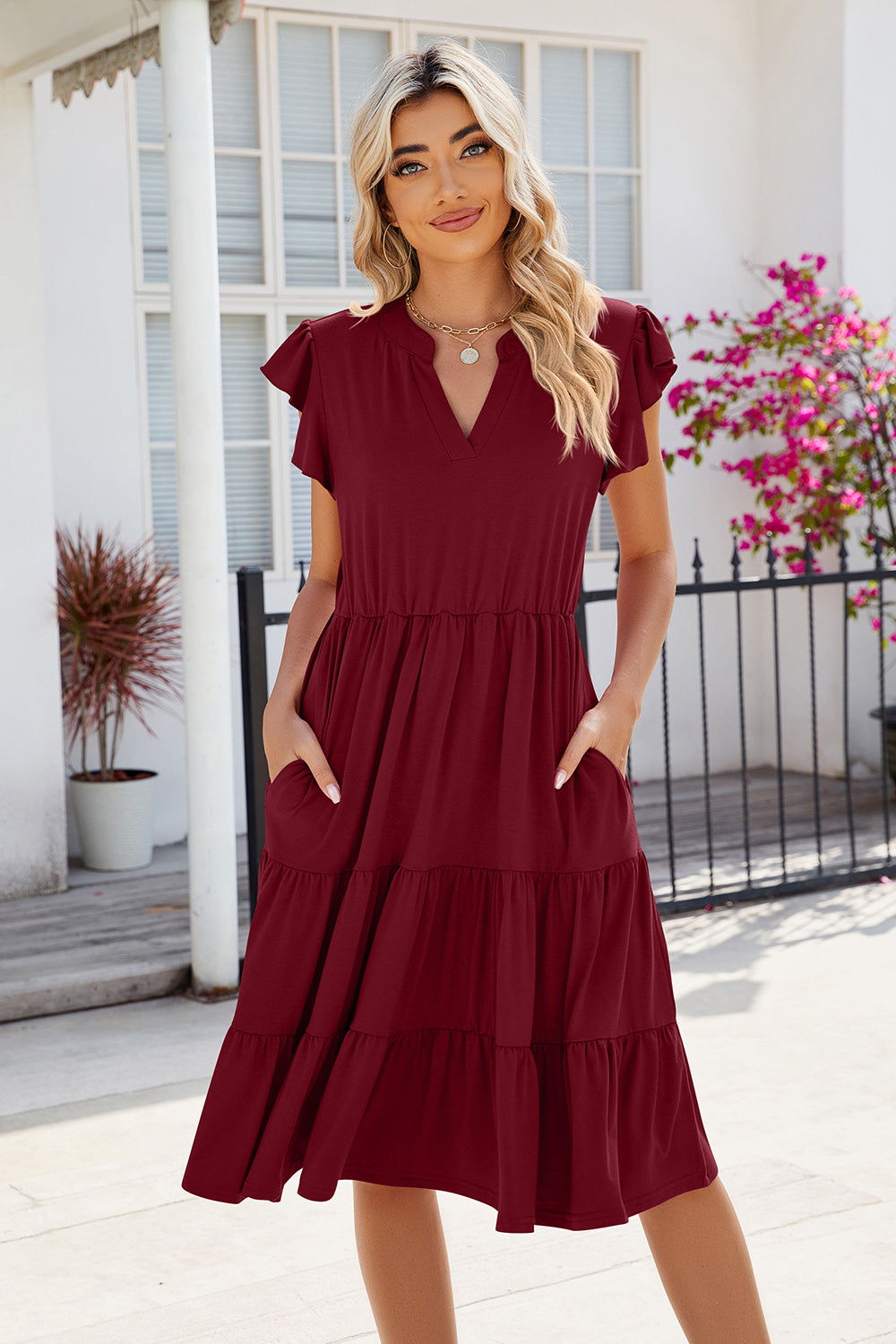 Ruched Notched Cap Sleeve Dress | AdoreStarr