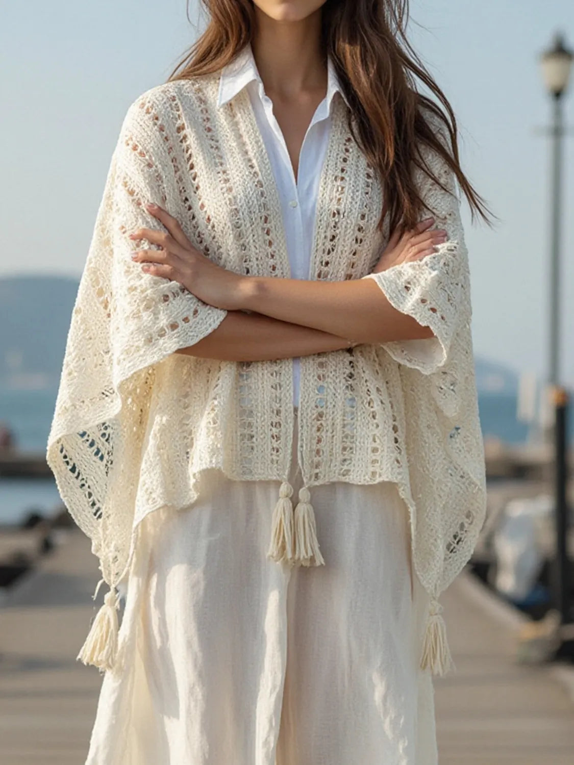 Openwork Tassel Open Front Knit Cover-Up - Cream One Size