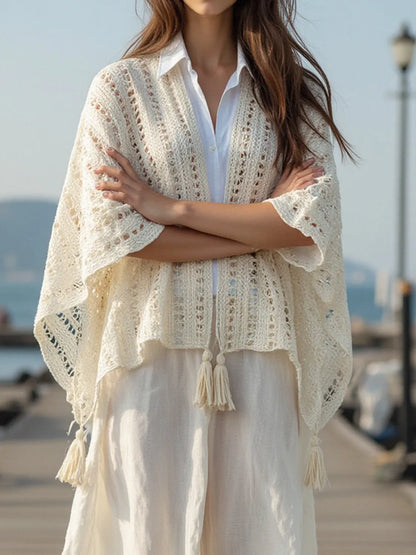 Openwork Tassel Open Front Knit Cover-Up - Cream One Size