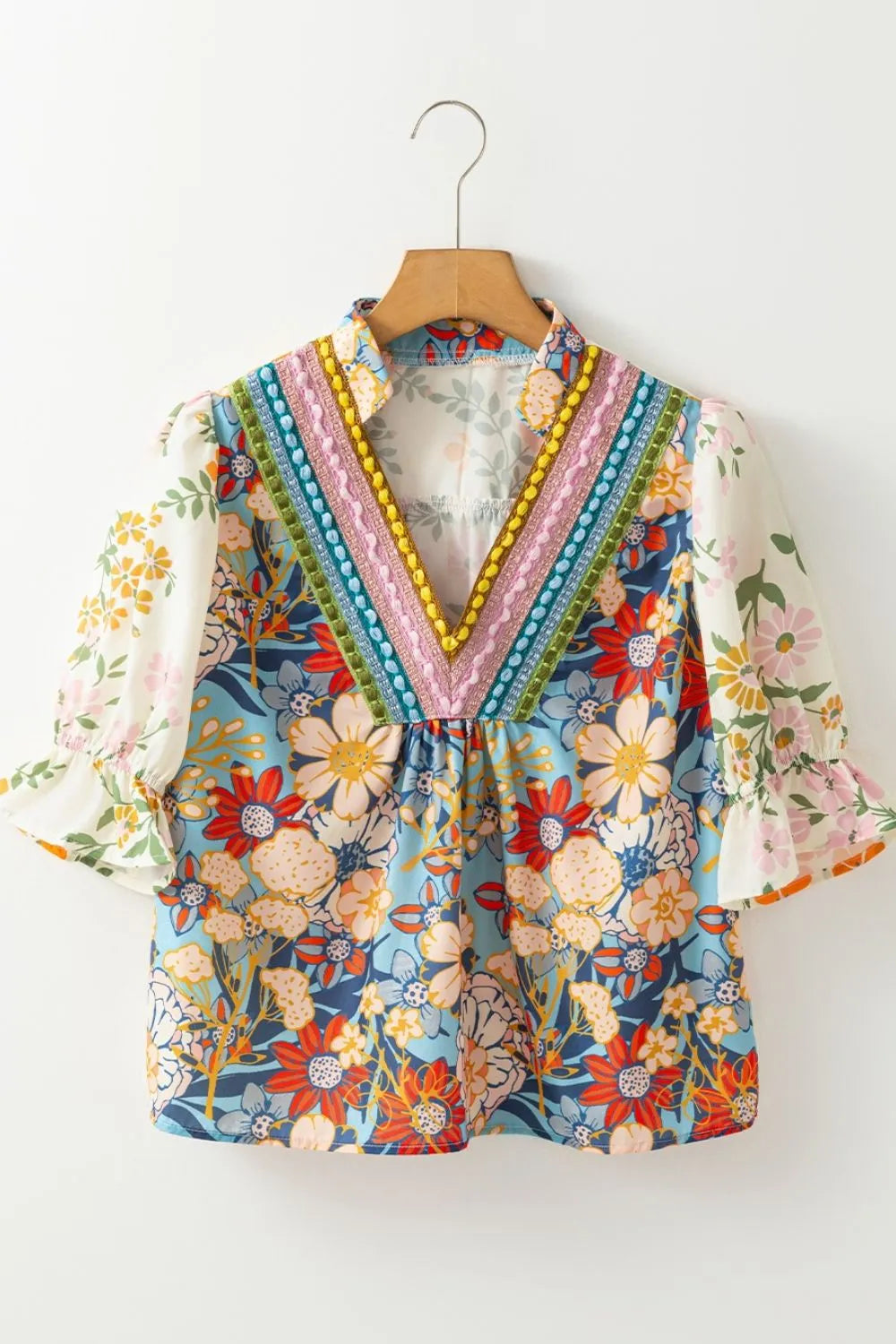 Crochet V-Neck Boho Floral Blouse -