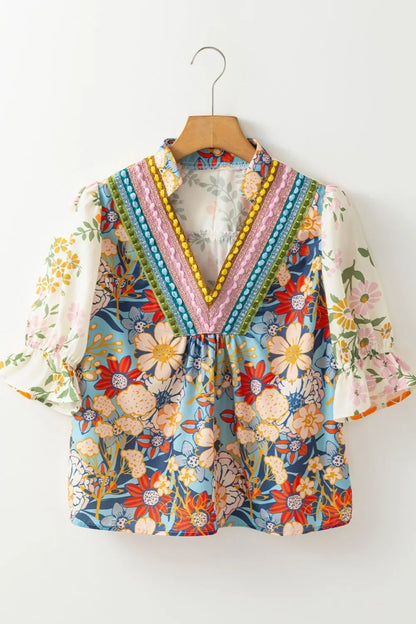 Crochet V-Neck Boho Floral Blouse -