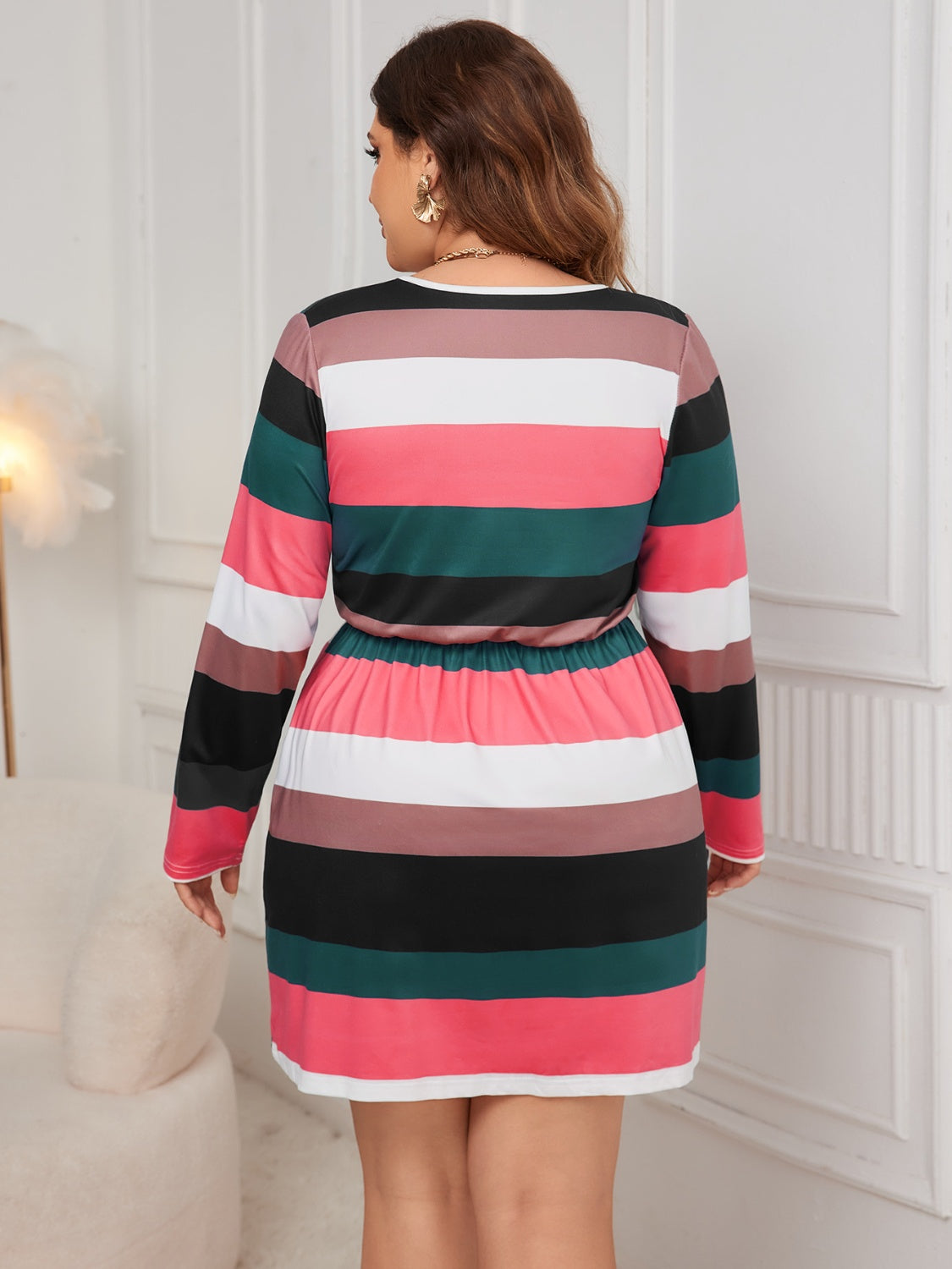 Plus Size Striped V-Neck Long Sleeve Mini Dress - Burnt Coral