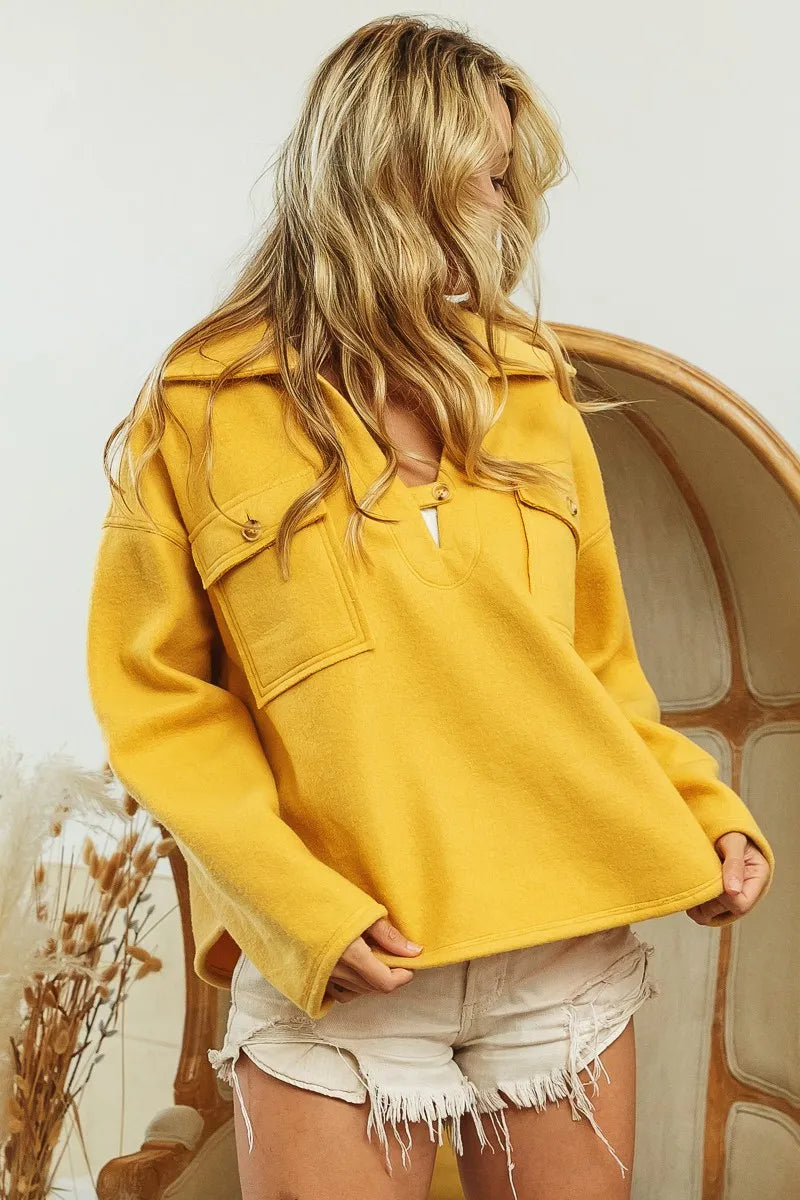 Flap Pockets Fleece Collared Sweatshirt -