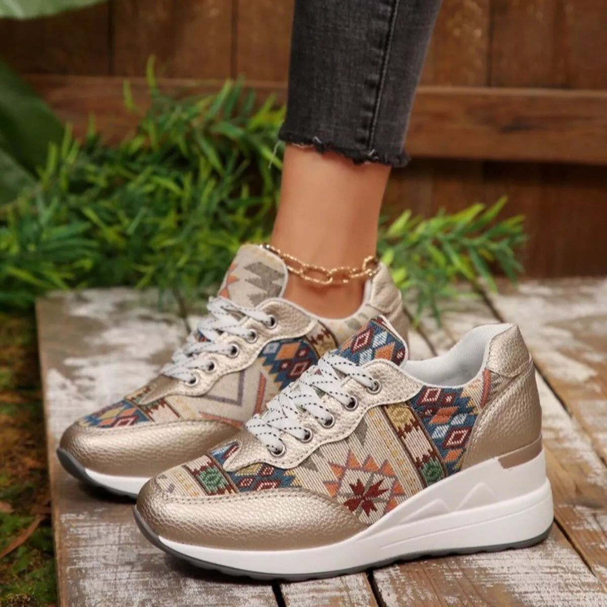 Lace Up Wedge Sneakers - Gold