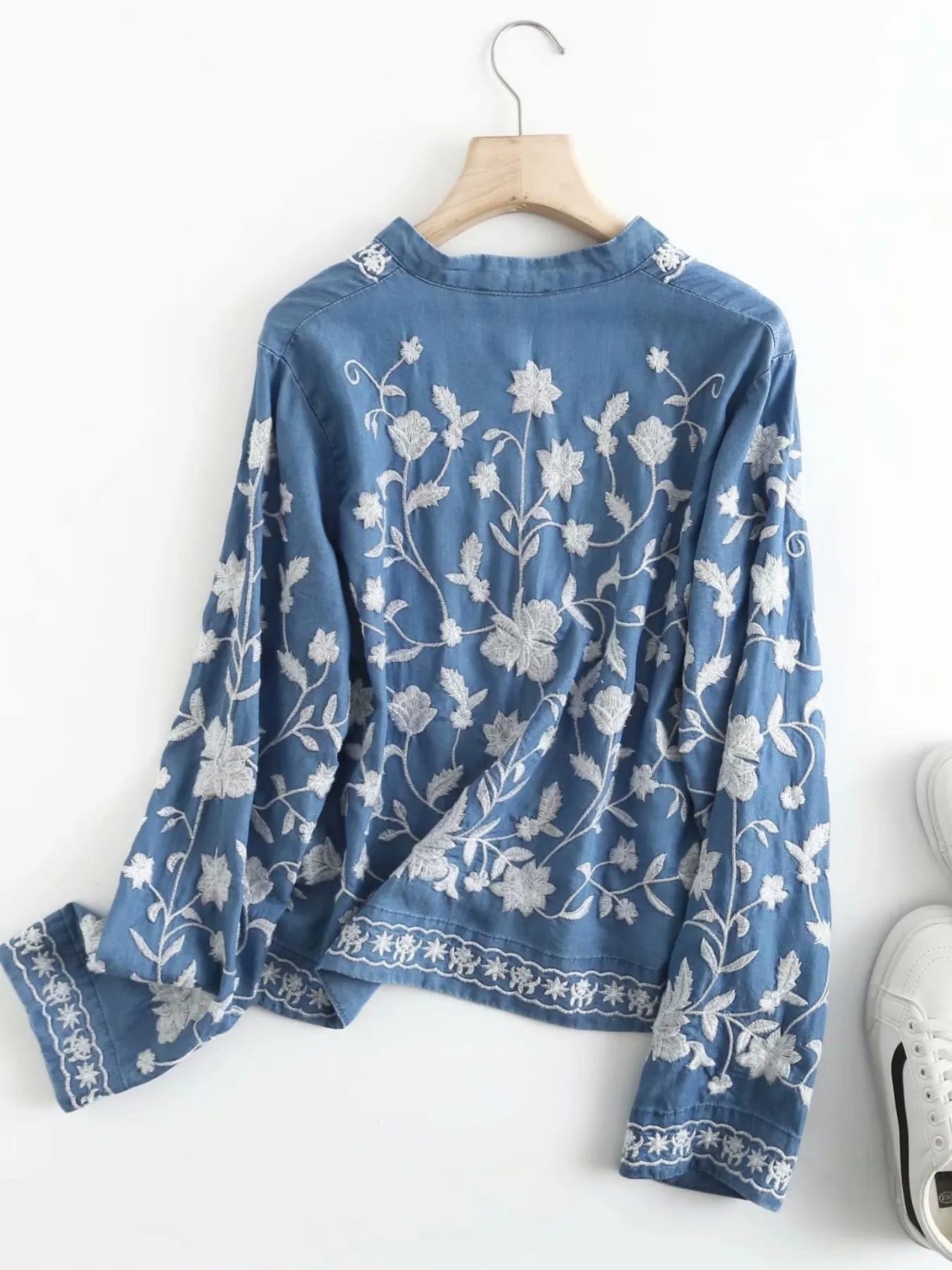 Floral Embroidered Button Up Denim Shirt -