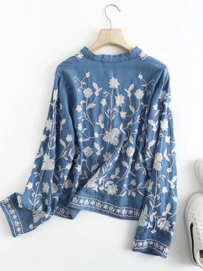 Floral Embroidered Button Up Denim Shirt -
