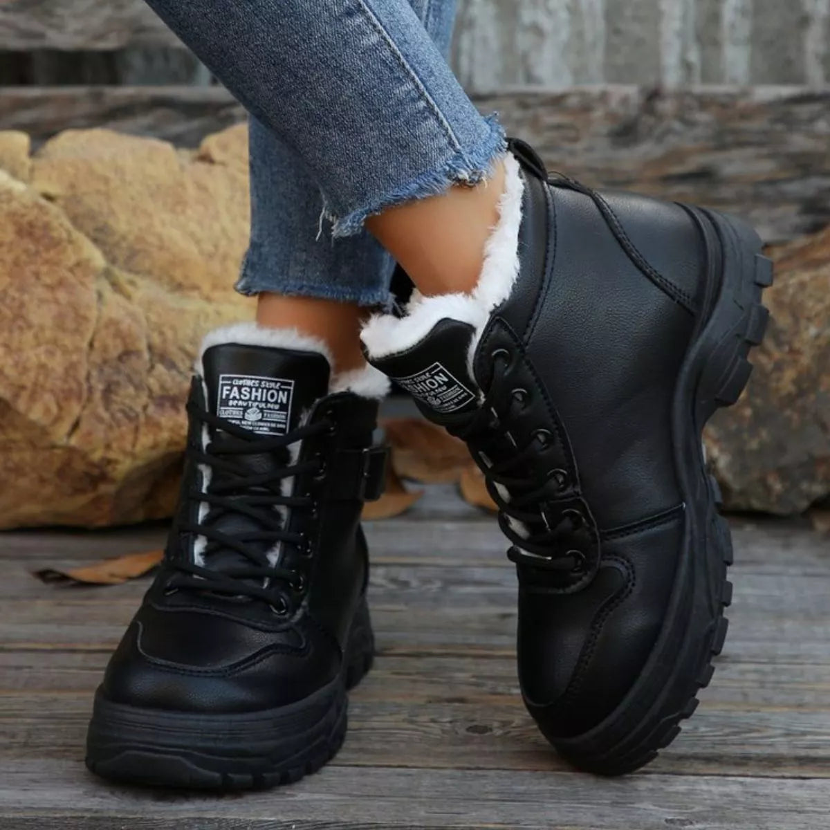 Warm Lined Ankle Boots with Buckle Detail - Black