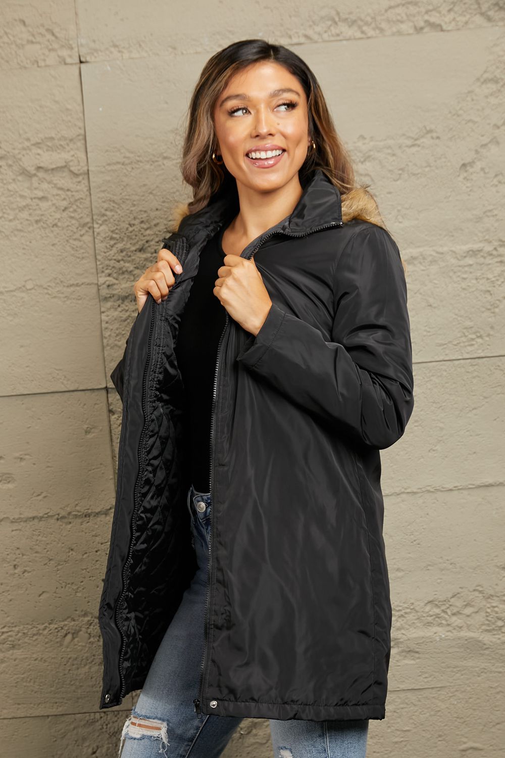 Faux Fur Trim Hooded Puffer Jacket