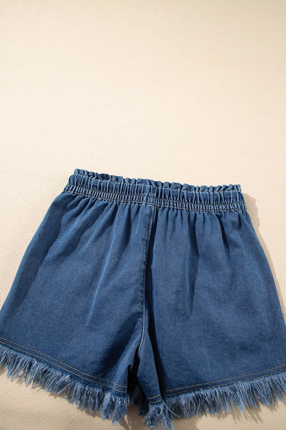 Raw Hem Drawstring High Waist Denim Shorts -