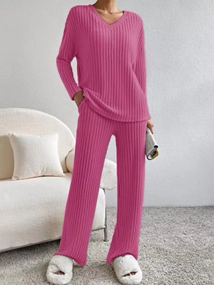 Ribbed Knit V-Neck Top and Pants Set - Fuchsia Pink