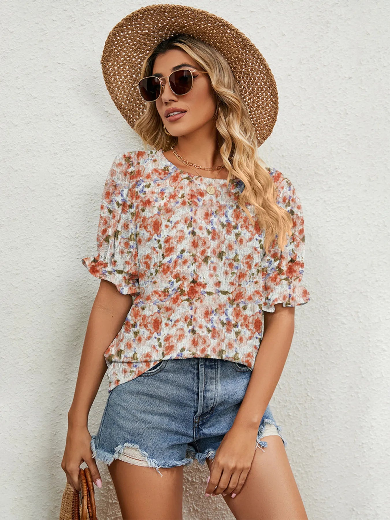 Printed Puff Sleeve Casual Blouse - Orange