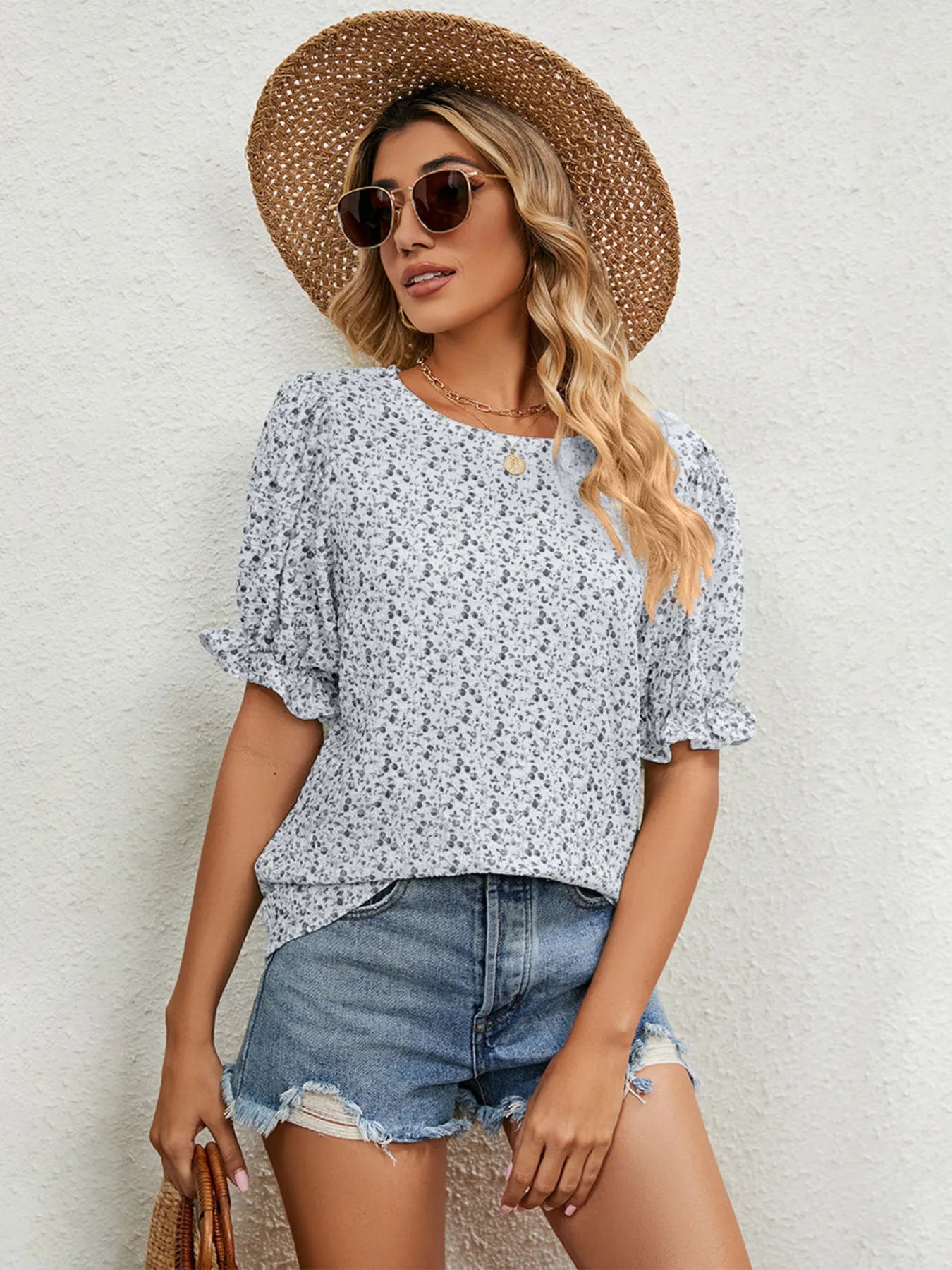 Printed Puff Sleeve Casual Blouse - Black