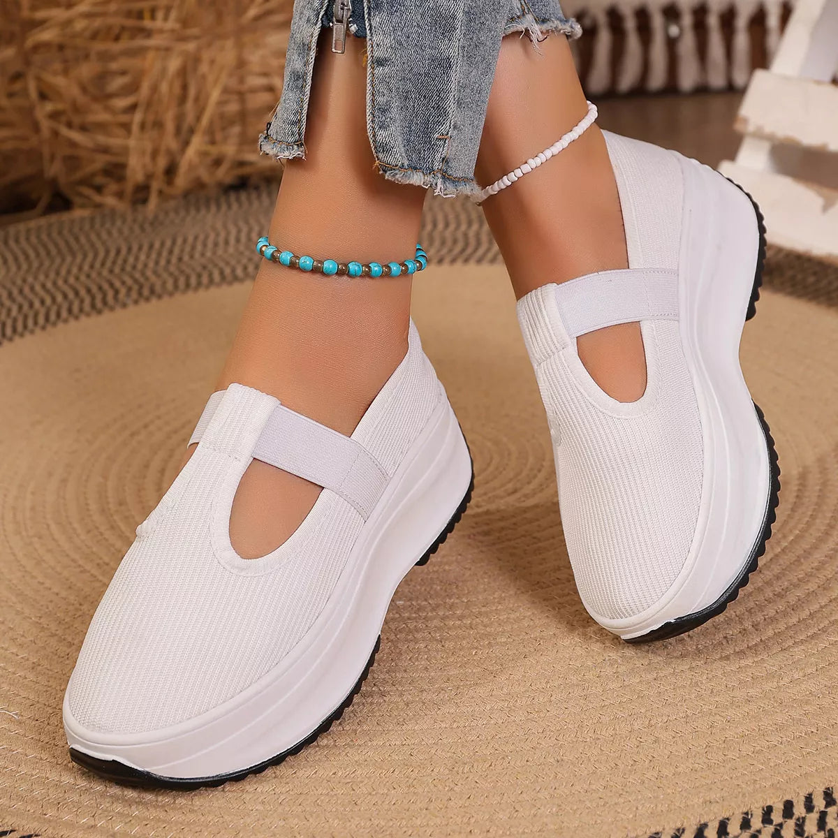 Round Toe Platform Slip-Ons - White