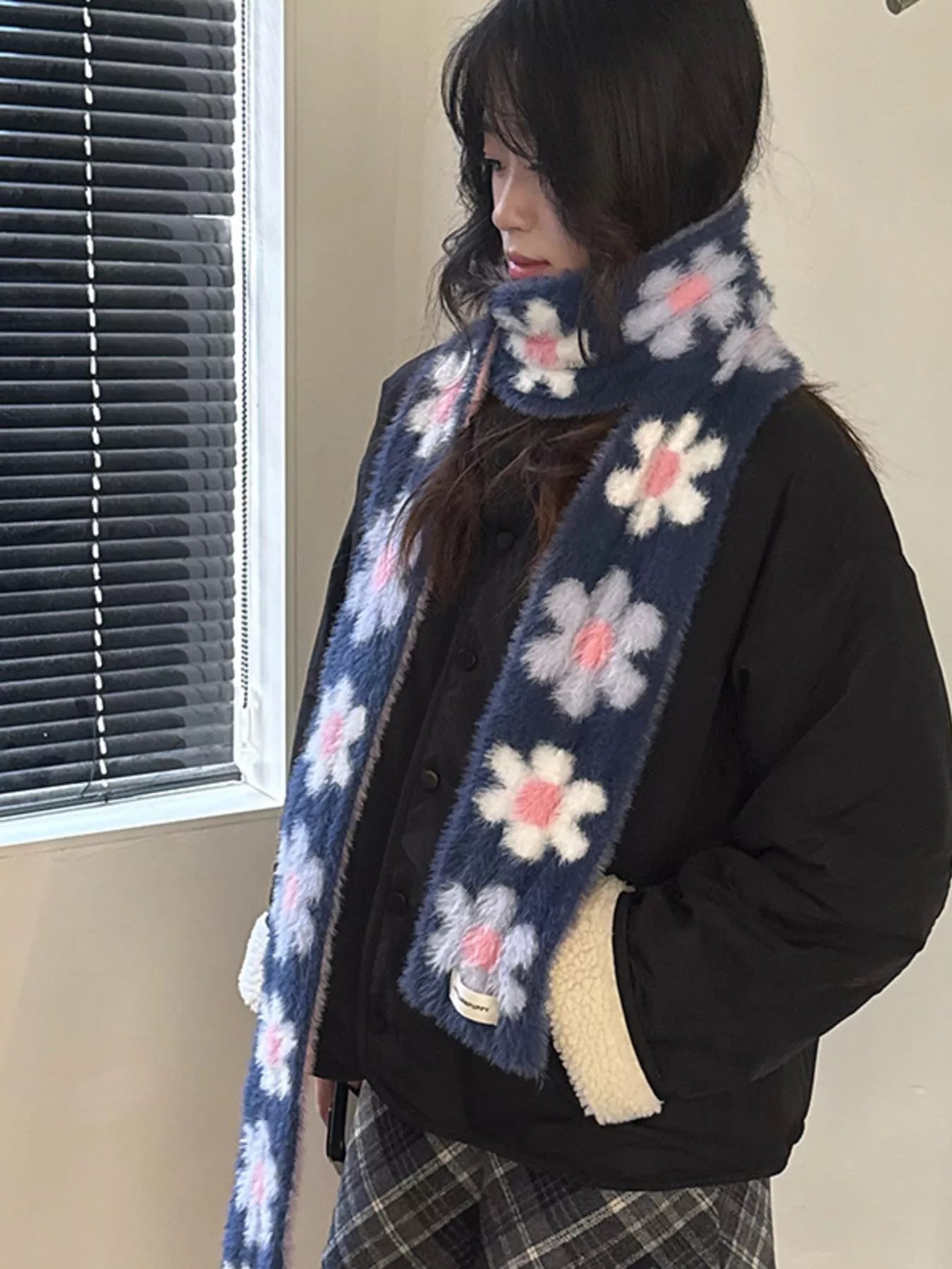 Floral Fuzzy Knit Scarf -