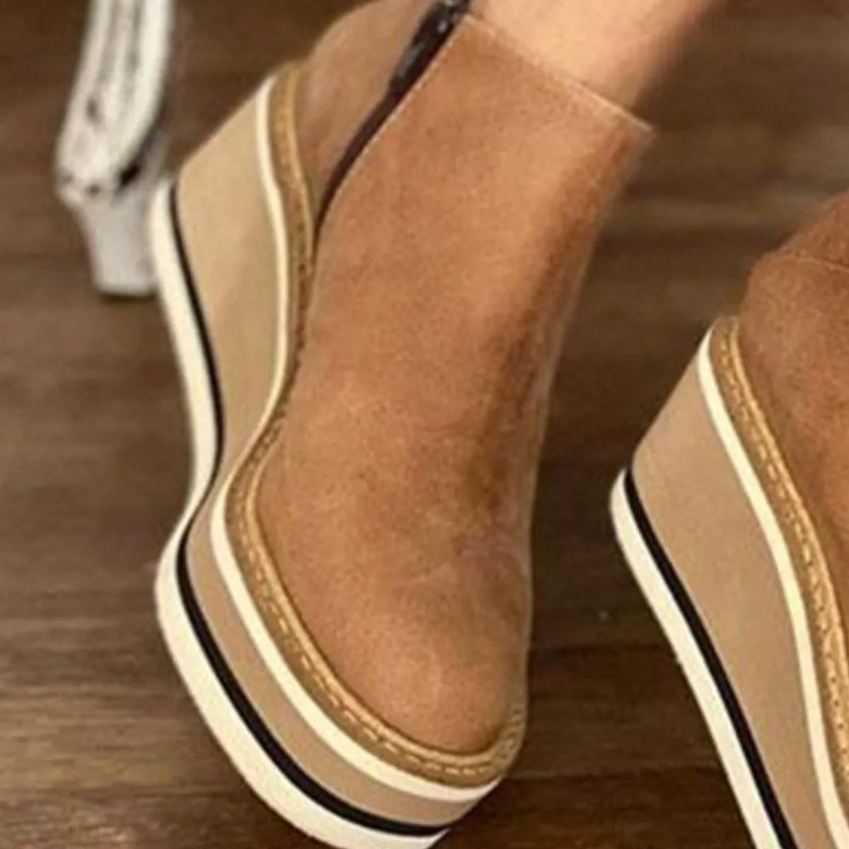 Ankle Wedge Boots with Zipper - Tan