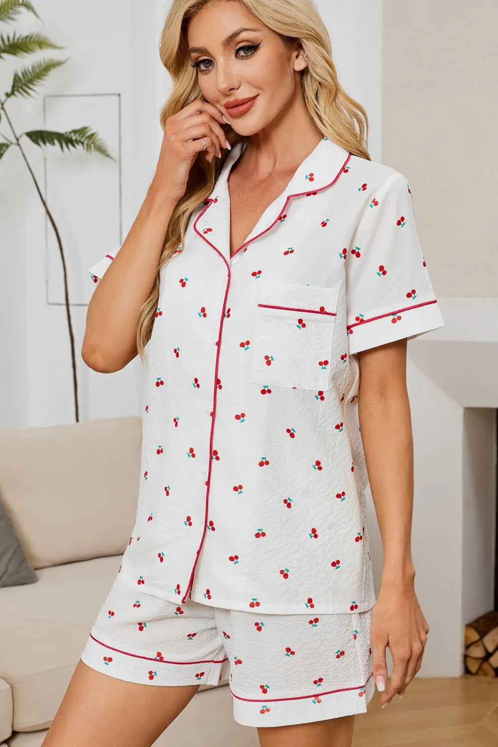 Cherry Print Collared Neck Top and Shorts Lounge Set -