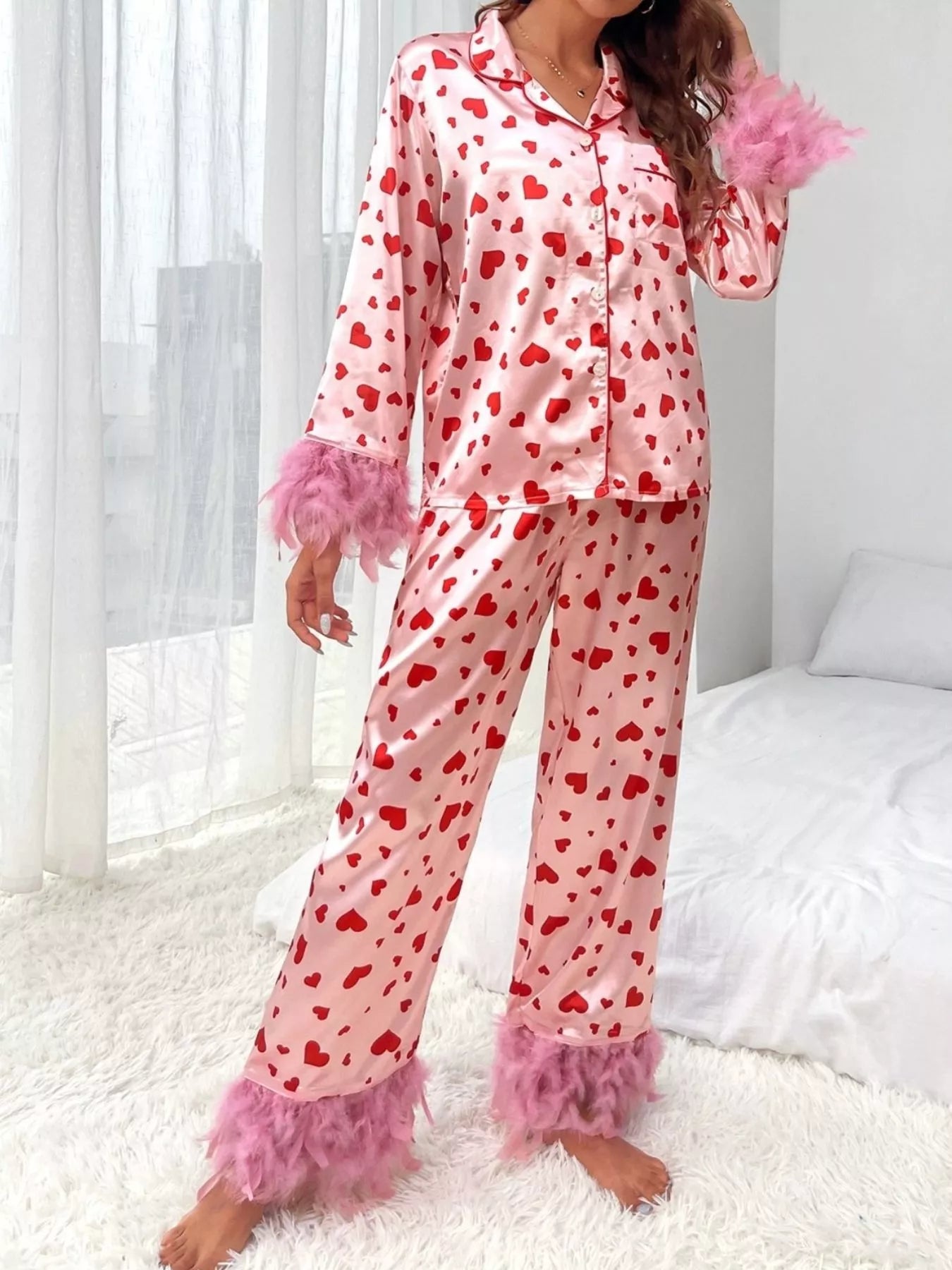 Heart Print Button Up Top and Pants Lounge Set - Pink