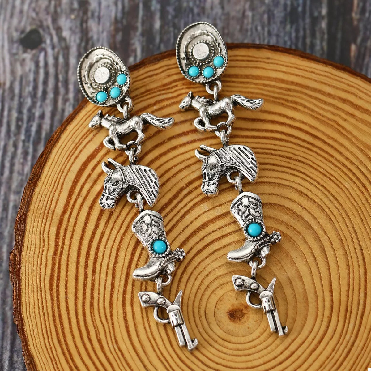 Western Style Turquoise Accent Earrings - Silver One Size