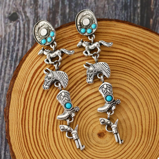 Western Style Turquoise Accent Earrings - Silver One Size