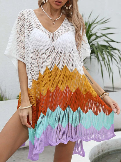 Openwork V-Neck Half Sleeve Cover-Up -