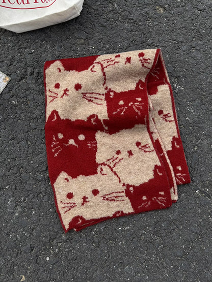 Cute Cat Pattern Knitted Scarf - Red One Size