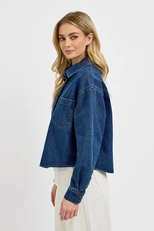 Button Up Long Sleeve Denim Shacket - Dark
