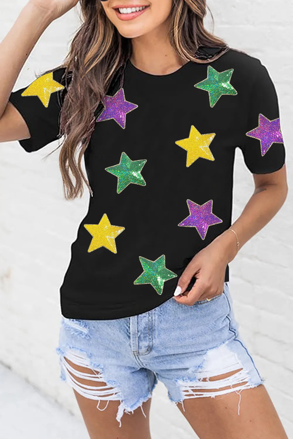 Sequin Stars Patched Round Neck T-Shirt -