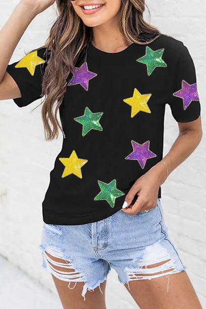 Sequin Stars Patched Round Neck T-Shirt -