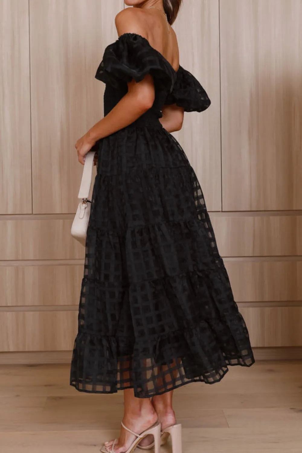 Off Shoulder Short Puff Sleeve Midi Dress -