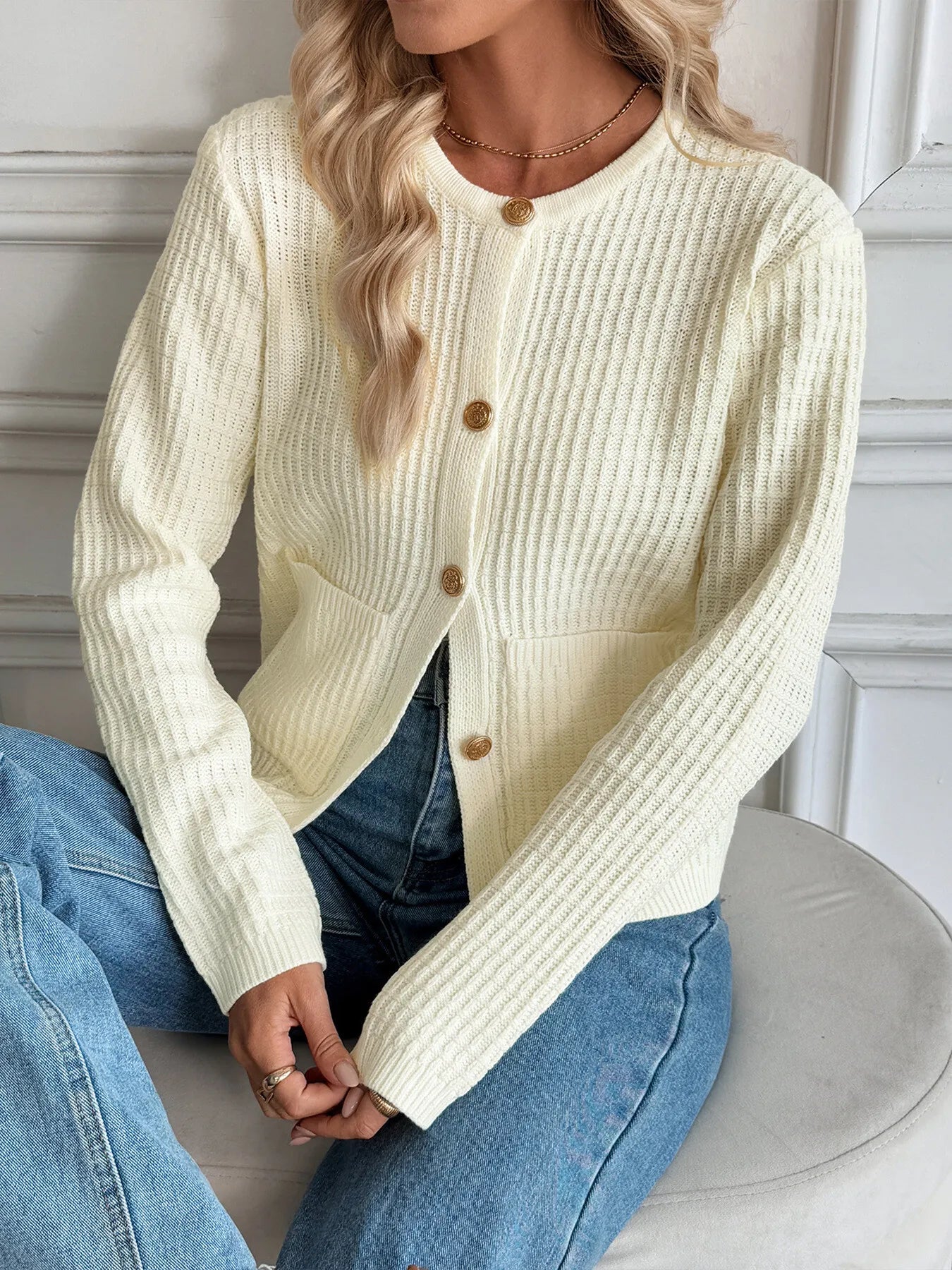 Button-Up Long Sleeve Cardigan - Off White